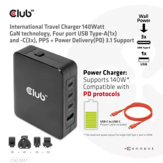 Încărcător de călătorie Club3D 140W tehnologie GaN, 3xUSB-C, 1xUSB-A, suport PPS + PD 3.1