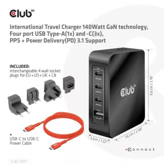 Încărcător de călătorie Club3D 140W tehnologie GaN, 3xUSB-C, 1xUSB-A, suport PPS + PD 3.1