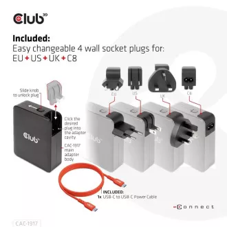Încărcător de călătorie Club3D 140W tehnologie GaN, 3xUSB-C, 1xUSB-A, suport PPS + PD 3.1