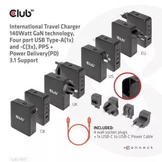 Încărcător de călătorie Club3D 140W tehnologie GaN, 3xUSB-C, 1xUSB-A, suport PPS + PD 3.1