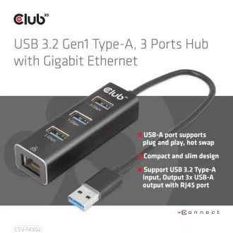 Hub Club3D, USB-A 3.2 Gen1 la 3x USB 3.1, Gigabit Ethernet