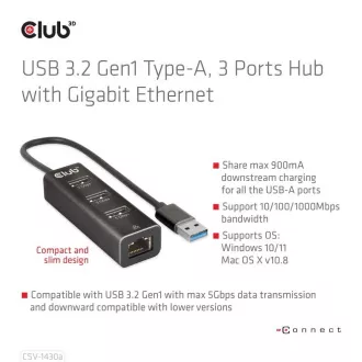 Hub Club3D, USB-A 3.2 Gen1 la 3x USB 3.1, Gigabit Ethernet