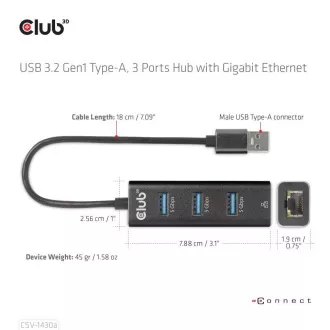 Hub Club3D, USB-A 3.2 Gen1 la 3x USB 3.1, Gigabit Ethernet