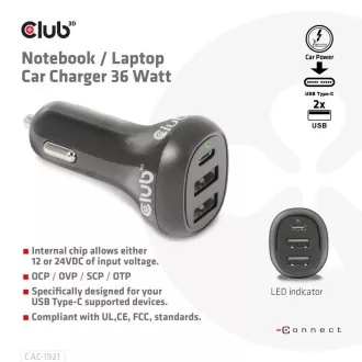 Încărcător auto Club3D pentru laptopuri 36W, 3 porturi (2xUSB-A   USB-C)