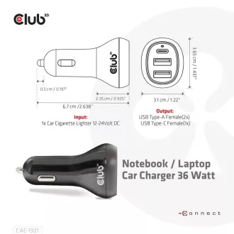 Încărcător auto Club3D pentru laptopuri 36W, 3 porturi (2xUSB-A   USB-C)