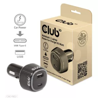 Club3D Incarcator auto pentru notebook-uri 63W, 2 porturi (USB-A + USB-C)