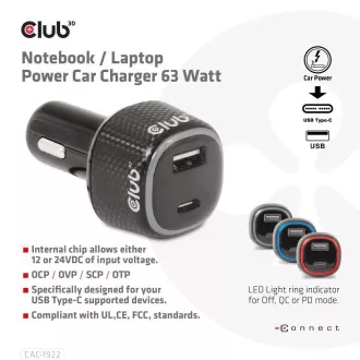 Club3D Incarcator auto pentru notebook-uri 63W, 2 porturi (USB-A + USB-C)