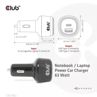 Club3D Incarcator auto pentru notebook-uri 63W, 2 porturi (USB-A + USB-C)