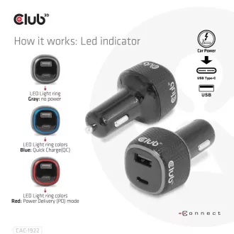 Club3D Incarcator auto pentru notebook-uri 63W, 2 porturi (USB-A + USB-C)