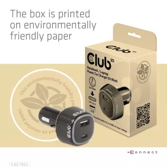 Club3D Incarcator auto pentru notebook-uri 63W, 2 porturi (USB-A + USB-C)
