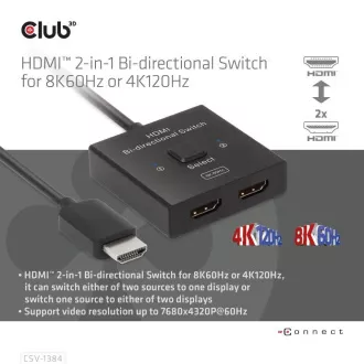 Comutator Club3D, HDMI la 2xHDMI cu două fețe 2in1, 8K60Hz, 4K120Hz