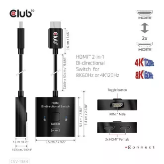 Comutator Club3D, HDMI la 2xHDMI cu două fețe 2in1, 8K60Hz, 4K120Hz