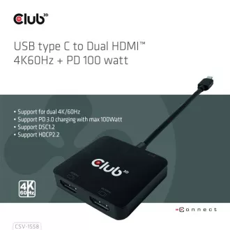 Hub video Club3D MST USB-C la 2xHDMI + USB-C PD 3.0, 4K60Hz