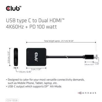 Hub video Club3D MST USB-C la 2xHDMI + USB-C PD 3.0, 4K60Hz
