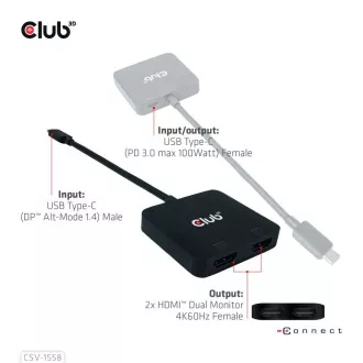 Hub video Club3D MST USB-C la 2xHDMI + USB-C PD 3.0, 4K60Hz
