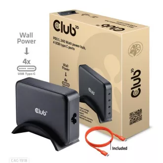 Încărcător de călătorie Club3D 240W tehnologie GaN, 4xUSB-C, suport PPS + PD 3.1