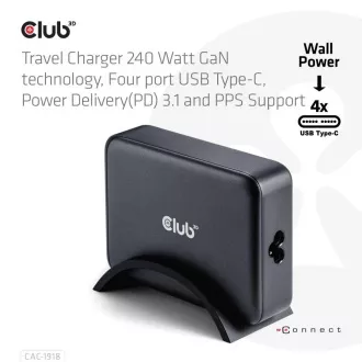 Încărcător de călătorie Club3D 240W tehnologie GaN, 4xUSB-C, suport PPS + PD 3.1