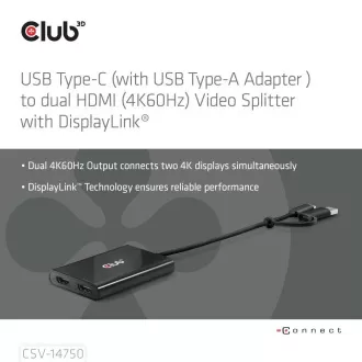 Hub video Club3D USB-C/A la 2xHDMI 2.0, monitor dublu, 4K60Hz (M/F)