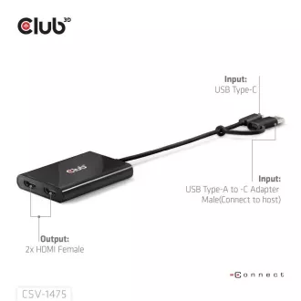 Hub video Club3D USB-C/A la 2xHDMI 2.0, monitor dublu, 4K60Hz (M/F)