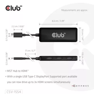 Hub Club3D MST USB-C la 3xHDMI, simplu: 8K30Hz, triplu: 4K60Hz
