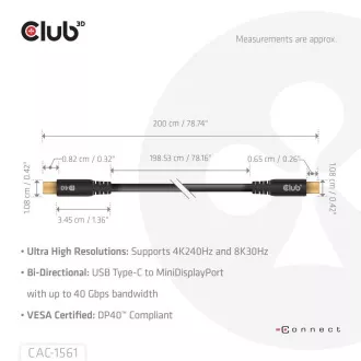 Cablu Club3D USB-C la MiniDisplayPort 2.1, 8K30Hz, DSC1.2, UHBR10, 2m