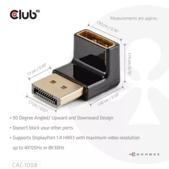Adaptor Club3D DisplayPort la DisplayPort 1.4, 4K120Hz, 8K30Hz, 90° Adaptor Club3D DisplayPort la DisplayPort 1.4, 4K120Hz, 8K30Hz, 90°
