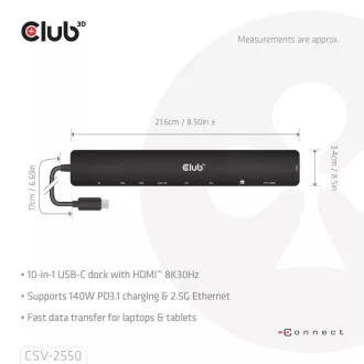 Stație de andocare Club3D USB-C 10v1, 140W PD, 1xHDMI, 3xUSB-C, 3xUSB, 1xRJ45, neagră