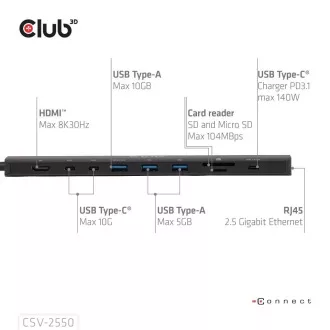 Stație de andocare Club3D USB-C 10v1, 140W PD, 1xHDMI, 3xUSB-C, 3xUSB, 1xRJ45, neagră