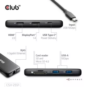Stație de andocare Club3D USB-C 8-în-1, 1xHDMI, 1xDP, 1xUSB-C, 2xUSB, 1xRJ45, neagră