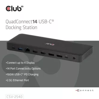 Stație de andocare Club3D USB-C 14v1, 2xHDMI, 2xDP, 3xUSB-C, 1xUSB-C PD, 2xUSB, 1xRJ45, 1x3.5mm, microSD/SD, negru