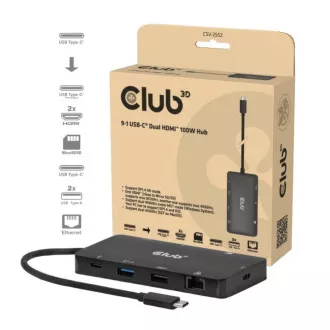 Stație de andocare Club3D USB-C 9-în-1, 2xHDMI, 1xUSB-C, 1xUSB-C PD, 2xUSB, 1xRJ45, microSD/SD, negru
