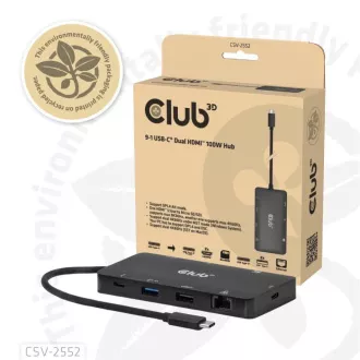 Stație de andocare Club3D USB-C 9-în-1, 2xHDMI, 1xUSB-C, 1xUSB-C PD, 2xUSB, 1xRJ45, microSD/SD, negru