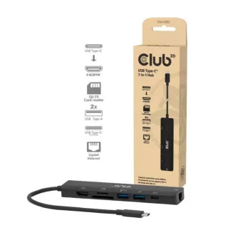 Stație de andocare Club3D USB-C 7 în 1, 1xHDMI, 1xUSB-C PD, 2xUSB, 1xRJ45, microSD/SD, neagră