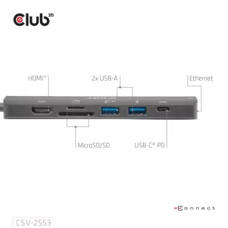 Stație de andocare Club3D USB-C 7 în 1, 1xHDMI, 1xUSB-C PD, 2xUSB, 1xRJ45, microSD/SD, neagră