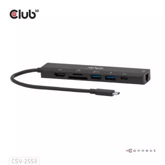 Stație de andocare Club3D USB-C 7 în 1, 1xHDMI, 1xUSB-C PD, 2xUSB, 1xRJ45, microSD/SD, neagră