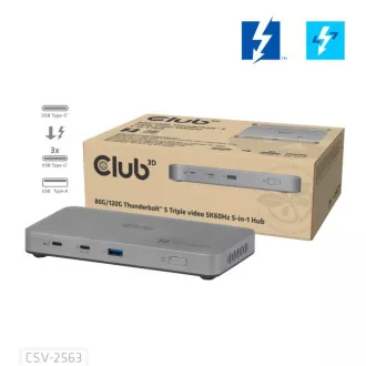 Hub Club3D Thunderbolt 5 5 în 1, 3x USB-C TB5, 1x USB-A, 1x 8K60Hz, 3x 5K60Hz, certificare Thunderbolt Share, 180W Hub Club3D Thunderbolt 5 5 în 1, 3x USB-C TB5, 1x USB-A, 1x 8K60Hz, 3x 5K60Hz, certificare Thunderbolt Share, 180W