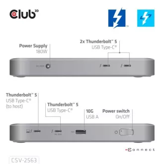 Hub Club3D Thunderbolt 5 5 în 1, 3x USB-C TB5, 1x USB-A, 1x 8K60Hz, 3x 5K60Hz, certificare Thunderbolt Share, 180W Hub Club3D Thunderbolt 5 5 în 1, 3x USB-C TB5, 1x USB-A, 1x 8K60Hz, 3x 5K60Hz, certificare Thunderbolt Share, 180W