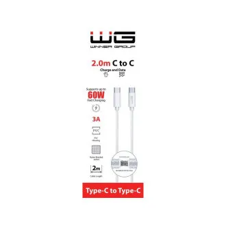 WG - Cablu de date Type-C la Type-C, 2 metri, 3A, 60W, alb WG - Cablu de date Type-C la Type-C, 2 metri, 3A, 60W, alb