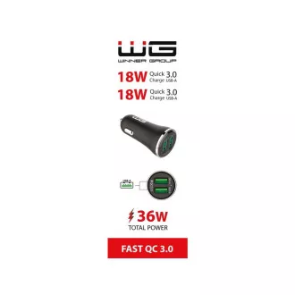 WG - Încărcător auto 2x USB-A 36W, QC 3.0 + QC 3.0, negru