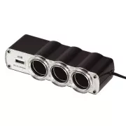 WG - Încărcător auto, hub, 3x priză brichetă 12V + 1x USB-A, cu extensie