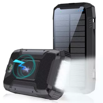 WG - Baterie externă 20000 mAh, panou solar + încărcare wireless 15W + lanternă + busolă, USB-C PD 20W, negru
