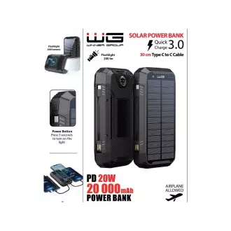 WG - Baterie externă 20000 mAh, panou solar + încărcare wireless 15W + lanternă + busolă, USB-C PD 20W, negru