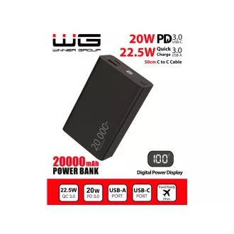 WG - Baterie externă 20000 mAh, USB-C PD 20W + USB-A QC 22.5W, neagră WG - Baterie externă 20000 mAh, USB-C PD 20W + USB-A QC 22.5W, neagră