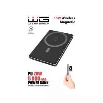 WG - Baterie externă 5000 mAh, wireless 15W + PD 20W, neagră WG - Baterie externă 5000 mAh, wireless 15W + PD 20W, neagră