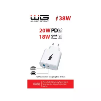 WG - Adaptor de alimentare 2x USB 38W, 1x USB-C PD 20W + 1x USB-A QC 3.0 18W, alb