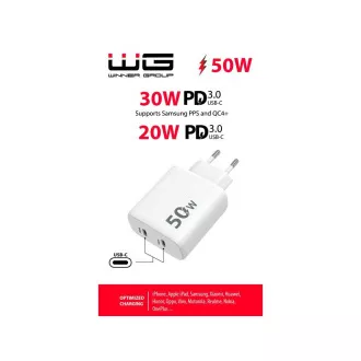 WG - Adaptor de alimentare 2x USB-C 50W, 1x USB-C PD 30W + 1x USB-C PD 20W, alb