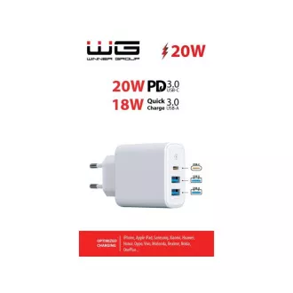 WG - Încărcător de rețea 3x USB, 1x USB-A QC 3.0 + 1x USB-A QC 3.0 + 1x USB-C PD 3.0, alb