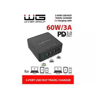 WG - Baterie externă 5x USB 60W, 1x USB-A QC 3.0 + 3x USB-A Smart IC + 1x USB-C PD, negru