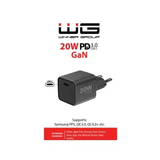 Încărcător WG - GaN 1x USB-C, PD 20W, 5V-9V-12V, negru