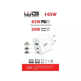 Încărcător de alimentare WG - GaN 3x USB, 1x USB-A 30W + 2x USB-C 65W, alb
